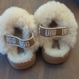 UGG Cream Fluffy Slippers with Tan Logo Strap